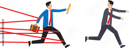 Distrust partner businessman fail baton pass, Failure or mistake causing business lost and losing business competition concept,
