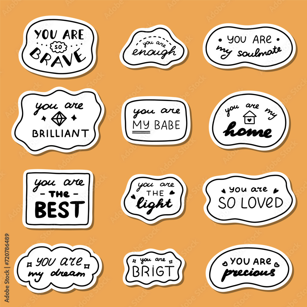 Set of stickers with cute doodle inspirational and compliment quotes for planners, notebook. Ready for print list of cute stickers. Handwritten lettering love and motivational phrases