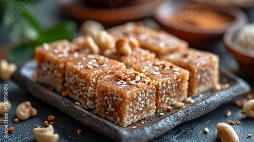 Sesame halva sprinkled with sesame seeds. Traditional oriental sweets. Concept of homemade confectionery, nutty fudge treats, artisanal dessert crafting, and sweet indulgence. photo
