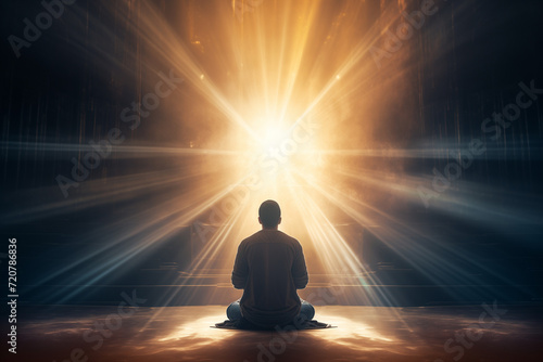 Man meditating in a temple with bright sunlight rays. 