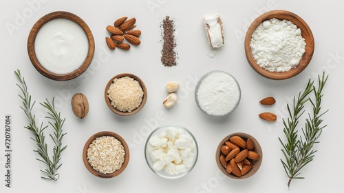 Top view of organic products, nuts, grains, dairy products, whey, cocoa butter, coconut flour, greens on a white background. Flat Lay photo