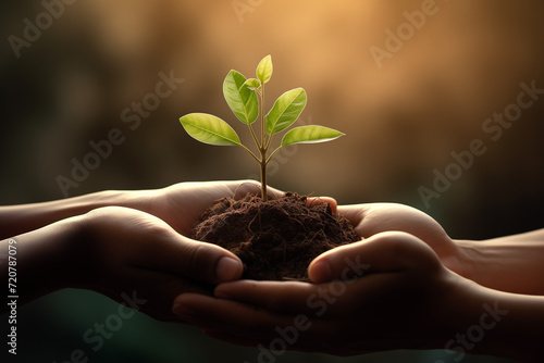 Two young hands holding soil with young sprouting plant.