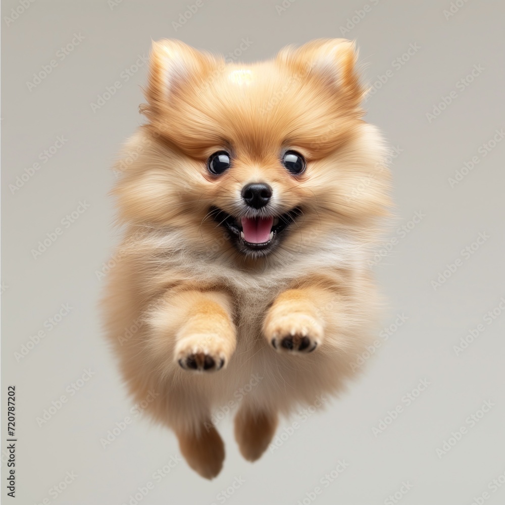 adorable little Pomeranian pup jumping in the studio
