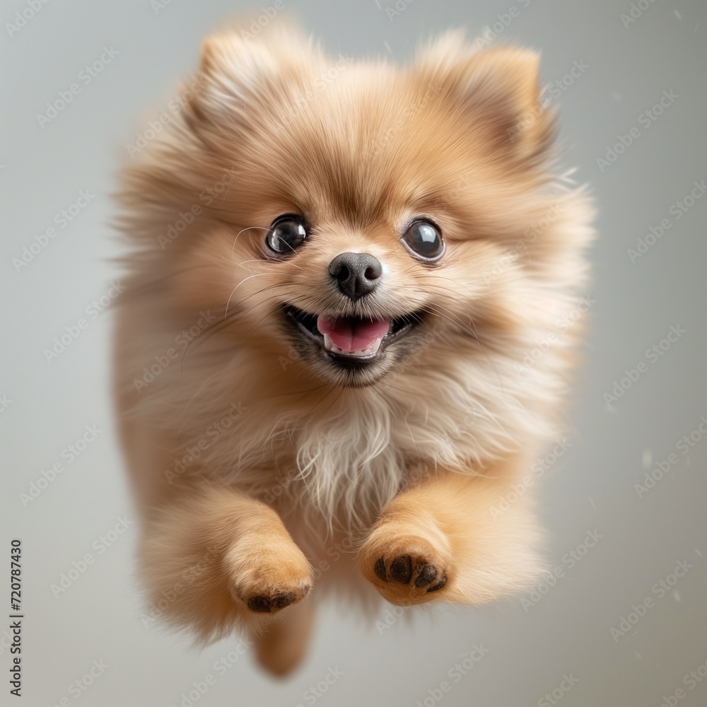 adorable little Pomeranian pup jumping in the studio