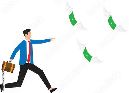 Businessman chasing money flying away with net — Vector
