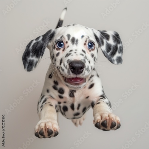 young Dalmatian pup jumping in the studio on the white background © Ivana