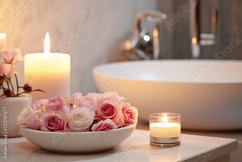 candles and rose petals. spa. bathroom
