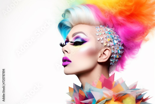 Drag queen, colorful make up and hair, artistic and bold beauty portrait.