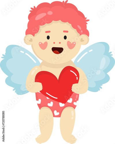 Kawaii cartoon vector cupid, little angel or amur. Cute happy little kids with heart in his hands. PNG on transparent background