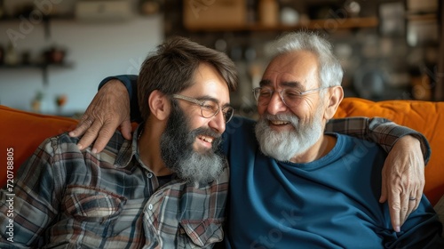 Adult hipster son fun hugging old senior father at home, two generations have a beard talking together and relaxing with smile, 2 man happy enjoy to living at home in father's day with love of family