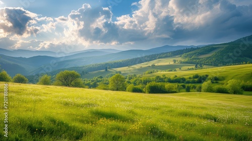 beautiful countryside of romania. sunny afternoon. wonderful springtime landscape in mountains. grassy field and rolling hills. rural scener