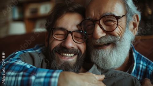 Adult hipster son fun hugging old senior father at home, two generations have a beard talking together and relaxing with smile, 2 man happy enjoy to living at home in father's day with love of family