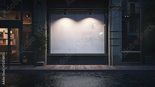 Blank mock up of store street showcase window in a city at night photo
