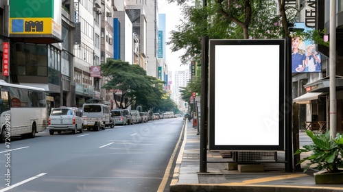 Blank mock up of vertical street poster billboard on city background