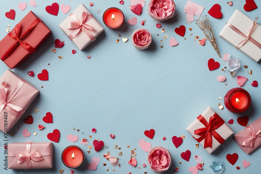 Valentine's Day background. Gifts, candle, confetti, envelope on pastel blue background. Valentines day concept. Flat lay, top view, copy space Valentine's Day background. Gifts, candle, confetti, envelope on pastel blue background. Valentines day concept. Flat lay, top view, copy space