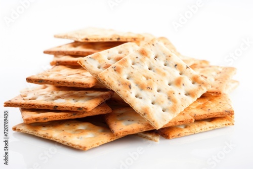 Stack of crackers isolated on white background. Selective focus.