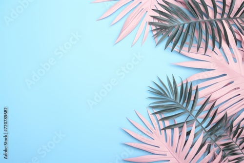 Pastel Tropical Leaves Flat Lay Background AI Generated