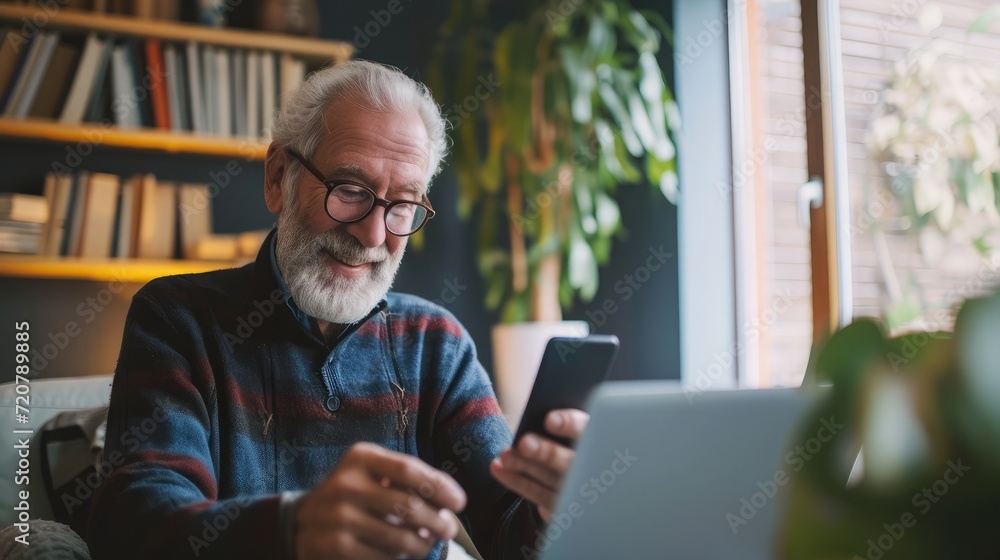 Handsome smiling senior man wearing glasses using mobile phone while sitting at his cozy workplace with laptop at home, retired male chatting with friends in social media - obrazy, fototapety, plakaty 