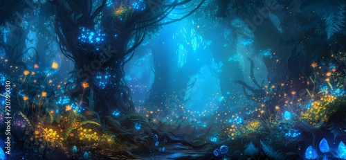 A fantastical forest with bioluminescent plants and mythical creatures, each detail glowing and shimmering.