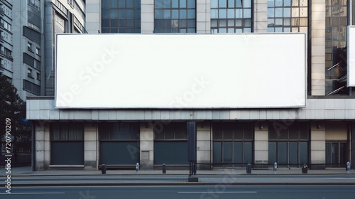 Large horizontal blank advertising poster billboard banner mockup in front of building in urban city; digital light box display screen