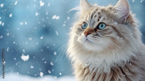 Happy Persian Cat in Pop Art Style with Winter Snowflakes AI Generated