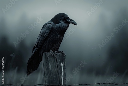 A dramatic shot of a black raven perched on a spooky fencepost