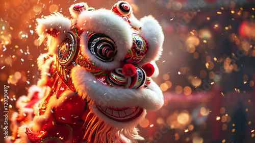 A traditional lion dance captured in mid-leap, creating a dynamic and energetic scene with ample space for festive text © Лариса Лазебная