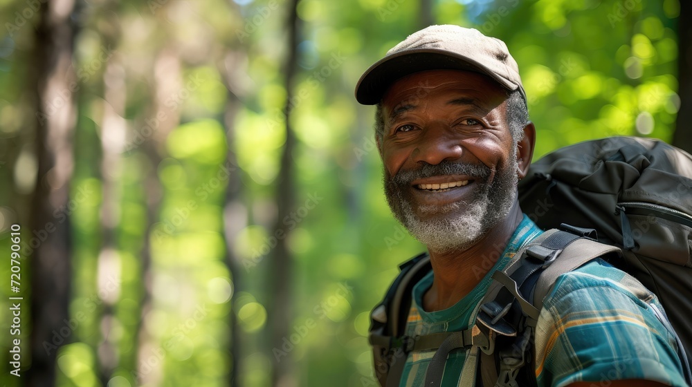 Portrait, black man and hiking in forest, exercise and fitness for wellness, healthy lifestyle and smile.