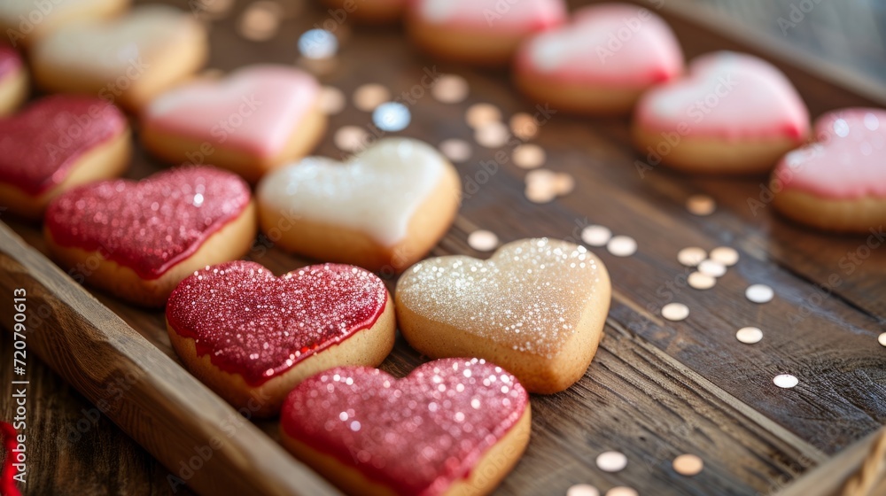 Glazed heart-shaped cookies with a dusting of edible glitter generative ai Glazed heart-shaped cookies with a dusting of edible glitter generative ai