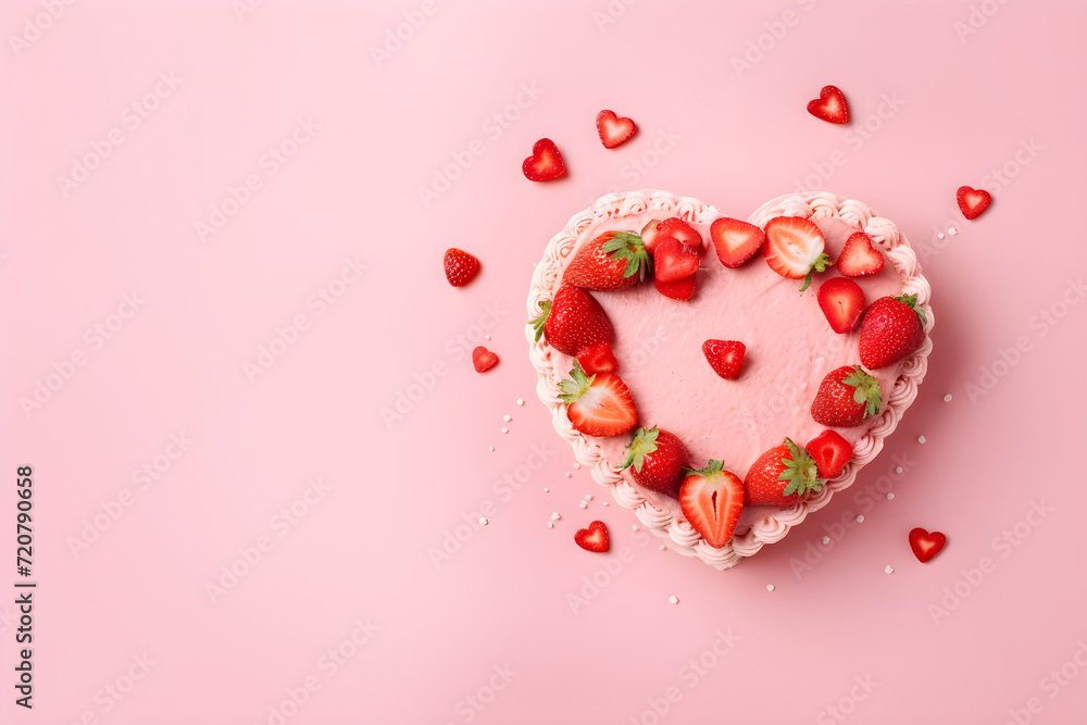 Red heart shaped cake with cream and decorated with fresh strawberries for St. Valentine's, Women's, Mother's Day, Birthday on pink background with copy space. Celebration concept. Love and romantic