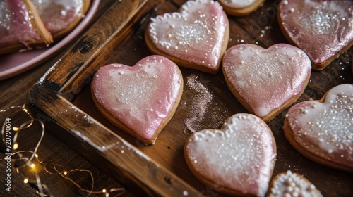 Glazed heart-shaped cookies with a dusting of edible glitter generative ai