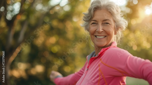 Portrait of a happy beautiful elderly senior mature woman exercising and stretching outdoors