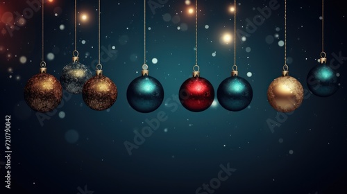 Christmas background with hanging baubles and lights. illustration. Generative AI