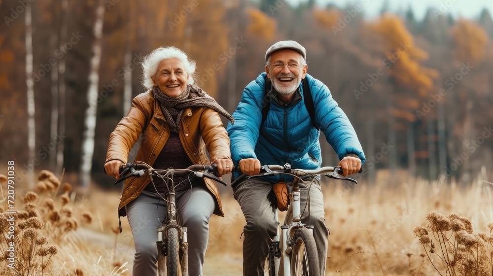 Fototapeta premium Two happy old mature people enjoying and riding bikes together to be fit and healthy outdoors.