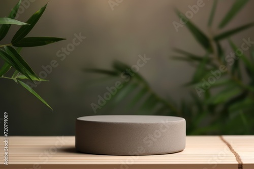 Product and Promotion Concept  Small Gray Stone as Empty Podium on Brown Background with Green Bamboo AI Generated