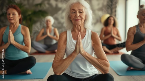 Yoga fitness, class and senior women training for elderly wellness, health and retirement self care in pilates studio