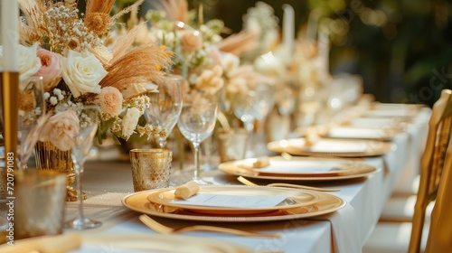 Wedding decorations. Served wedding table with golden plates, golden chairs, napkins, decorative fresh and dried flowers