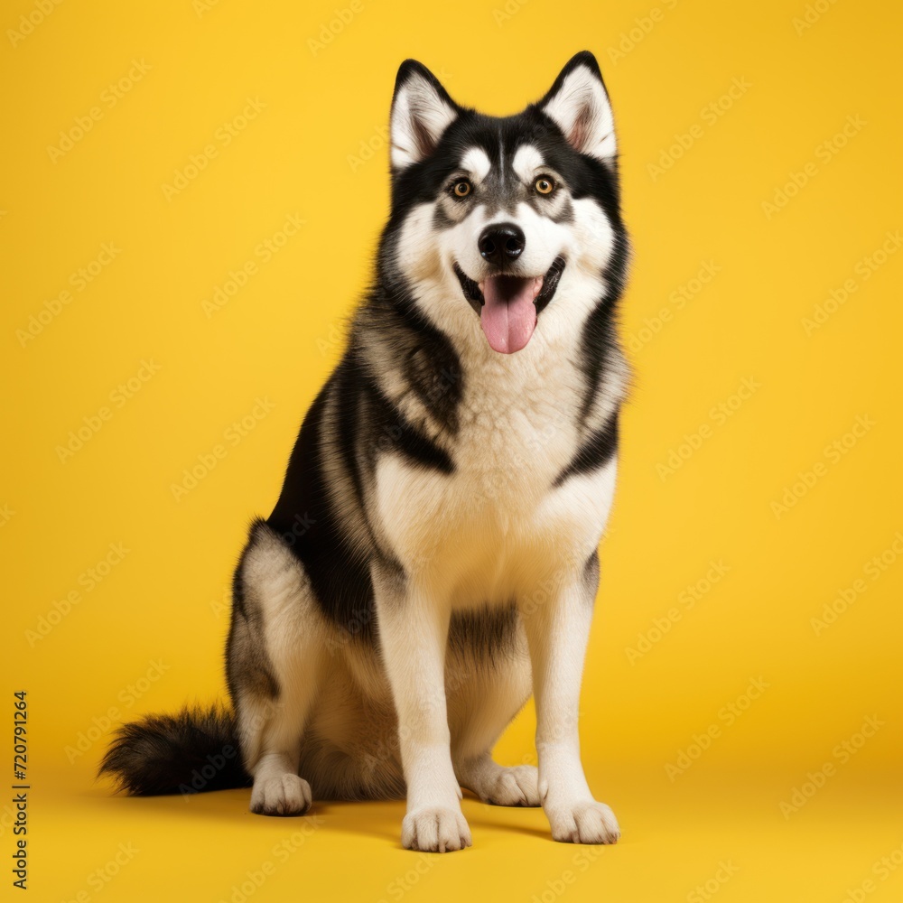 Professional Full Length Husky Dog on Yellow Background AI Generated