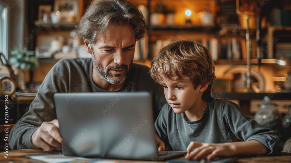 Father and son doing homework with laptop at home. generative ai