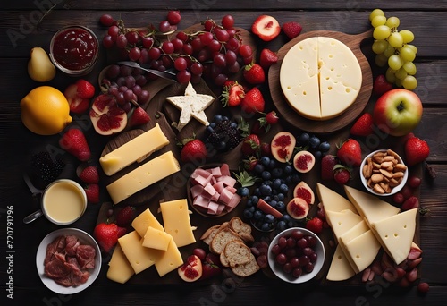 Valentine's Day dark scene Top Assorted background theme charcuterie view sweet cheese fruit wood appetizers table meat photo