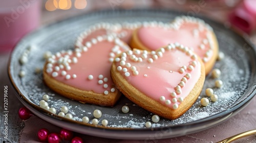 Glazed heart-shaped cookies with a sprinkle of edible pearls generative ai