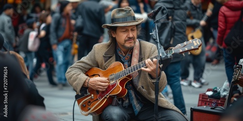 Authentic and candid photo of a street musician immersed in his performance, in a crowded city square. © EOL STUDIOS