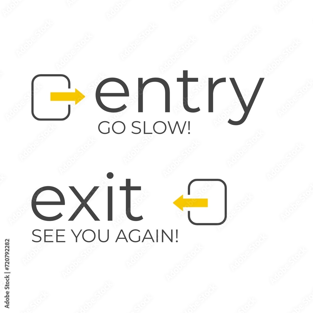 Entry go slow and Exit see you again signs for parking mall or shop. Flat illustration. Entry go slow and Exit see you again signs for parking mall or shop. Flat illustration.