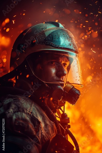 Cinematic-style portrait of a firefighter in action, with dramatic lighting emphasizing the intensity.