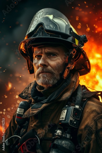 Cinematic-style portrait of a firefighter in action, with dramatic lighting emphasizing the intensity. © EOL STUDIOS
