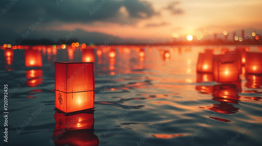 Traditional Chinese New Year lanterns floating on water, creating a ...