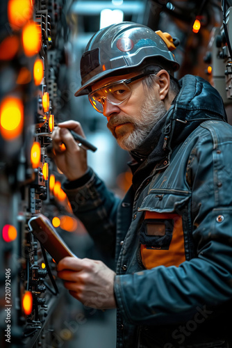 Male electrician, system and electrical substation for power, engineering inspection and checklist. generative ai