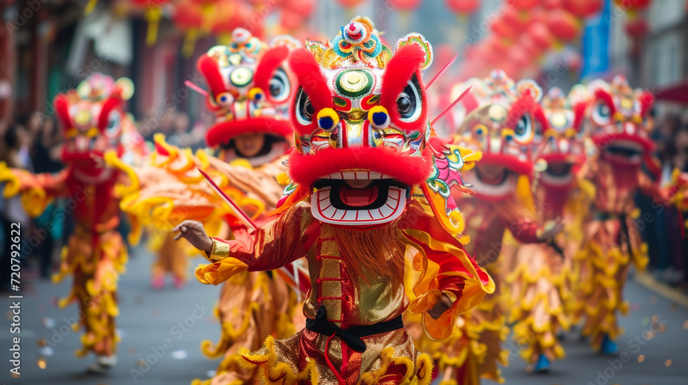 A traditional Chinese New Year parade with performers showcasing vibrant costumes, forming a dynamic and culturally rich composition for New Year messages A traditional Chinese New Year parade with performers showcasing vibrant costumes, forming a dynamic and culturally rich composition for New Year messages