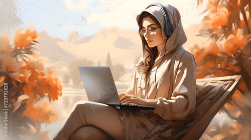 Arabic Woman in traditional abaya clothes sitting with laptop working. Muslim businesswoman from Saudi or Emirati. photo
