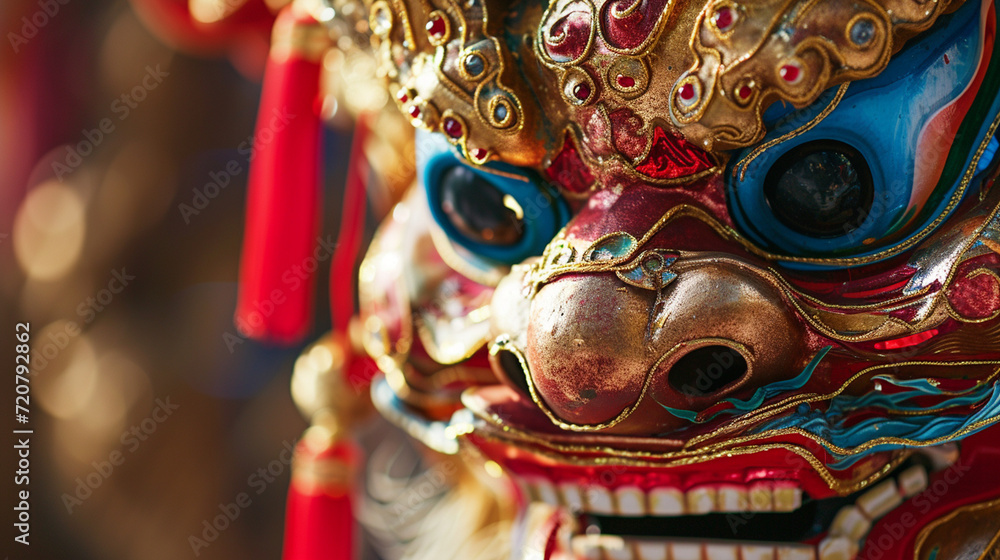 Fototapeta premium A close-up of a traditional Chinese New Year mask with intricate details, creating a dynamic and visually captivating scene with space for celebratory text